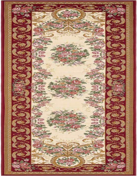 A 10 ft runner rug in ivory and red with a traditional floral and medallion pattern, ideal for a hallway or patio.