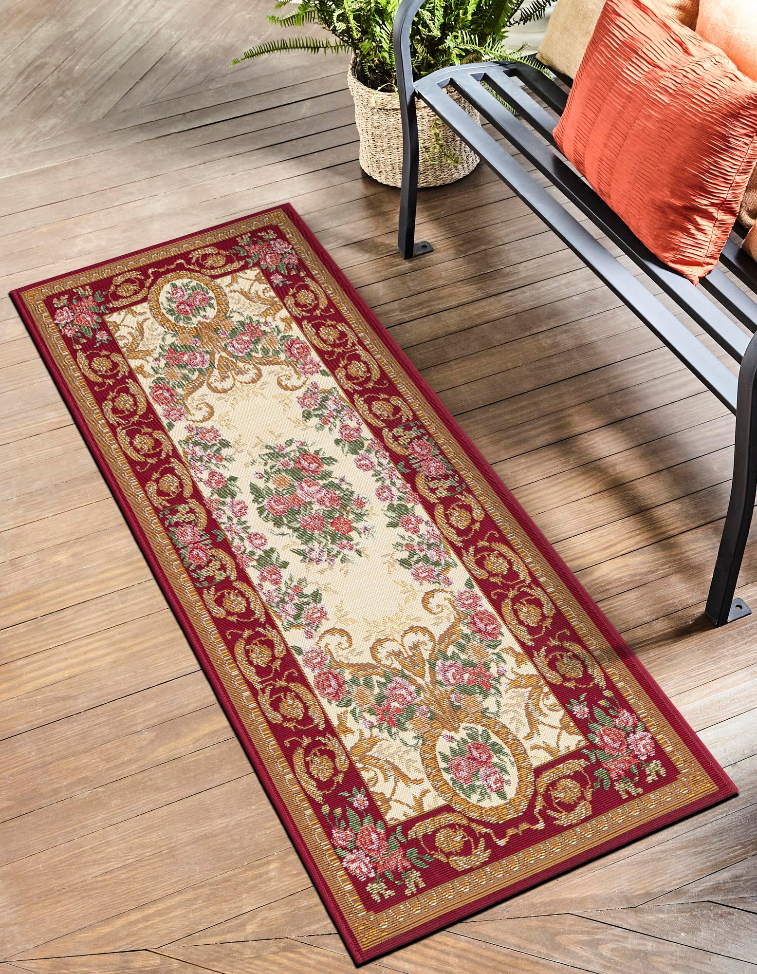 Burgundy Red and Ivory 2' x 5' Traditional Indoor / Outdoor Runner Rug ...