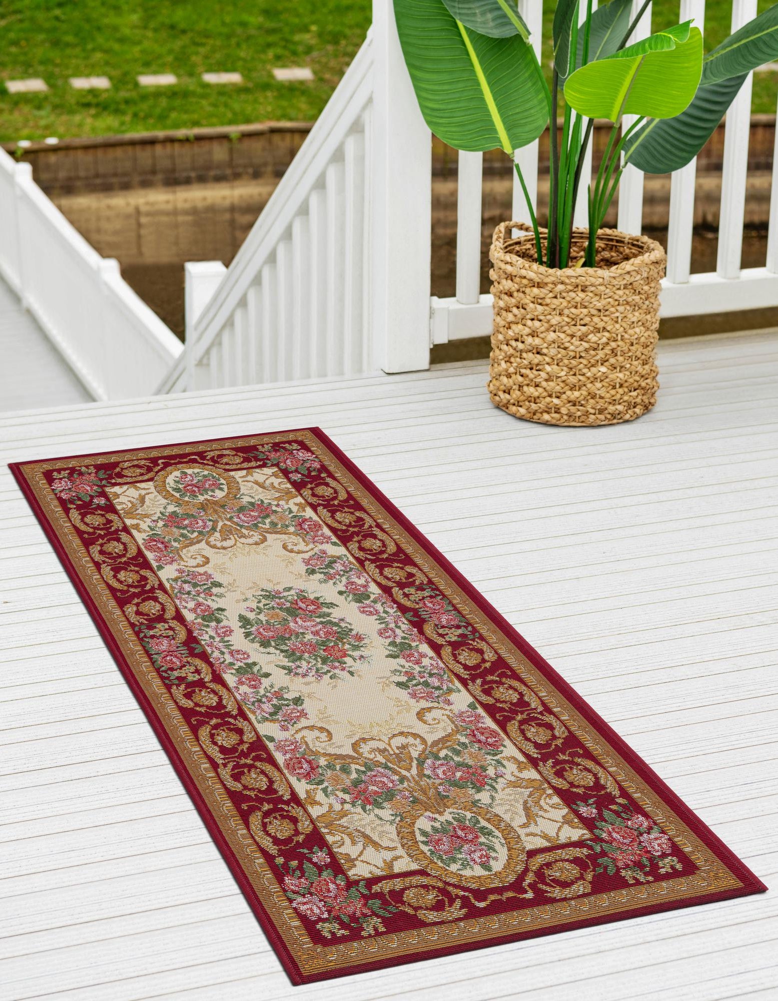 Burgundy Red and Ivory 2' x 5' Traditional Indoor / Outdoor Runner Rug ...