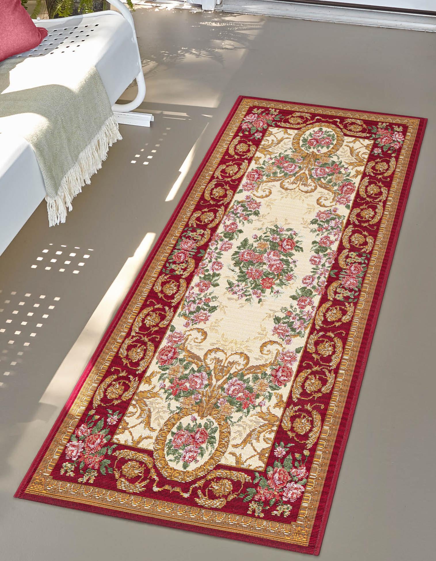 Burgundy Red and Ivory 2' x 5' Traditional Indoor / Outdoor Runner Rug ...