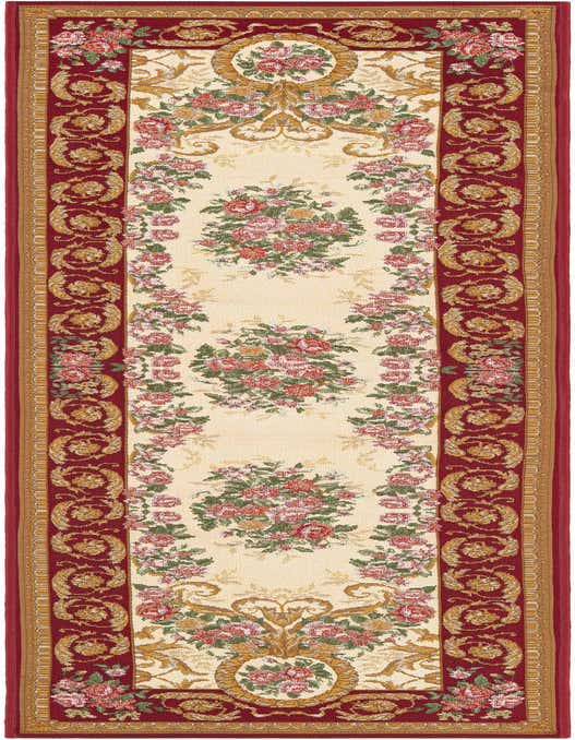 An 8 ft runner rug with a cream center featuring pink and red floral bouquets, bordered by a rich red and gold traditional pattern.