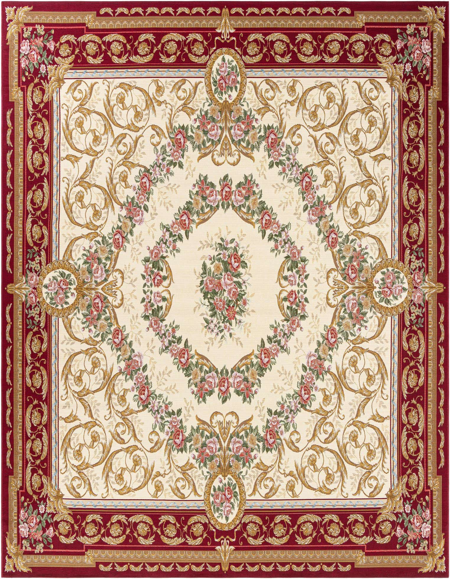 A 10'x10' square ivory and red Oriental rug with a central floral medallion and ornate border, ideal for a patio.