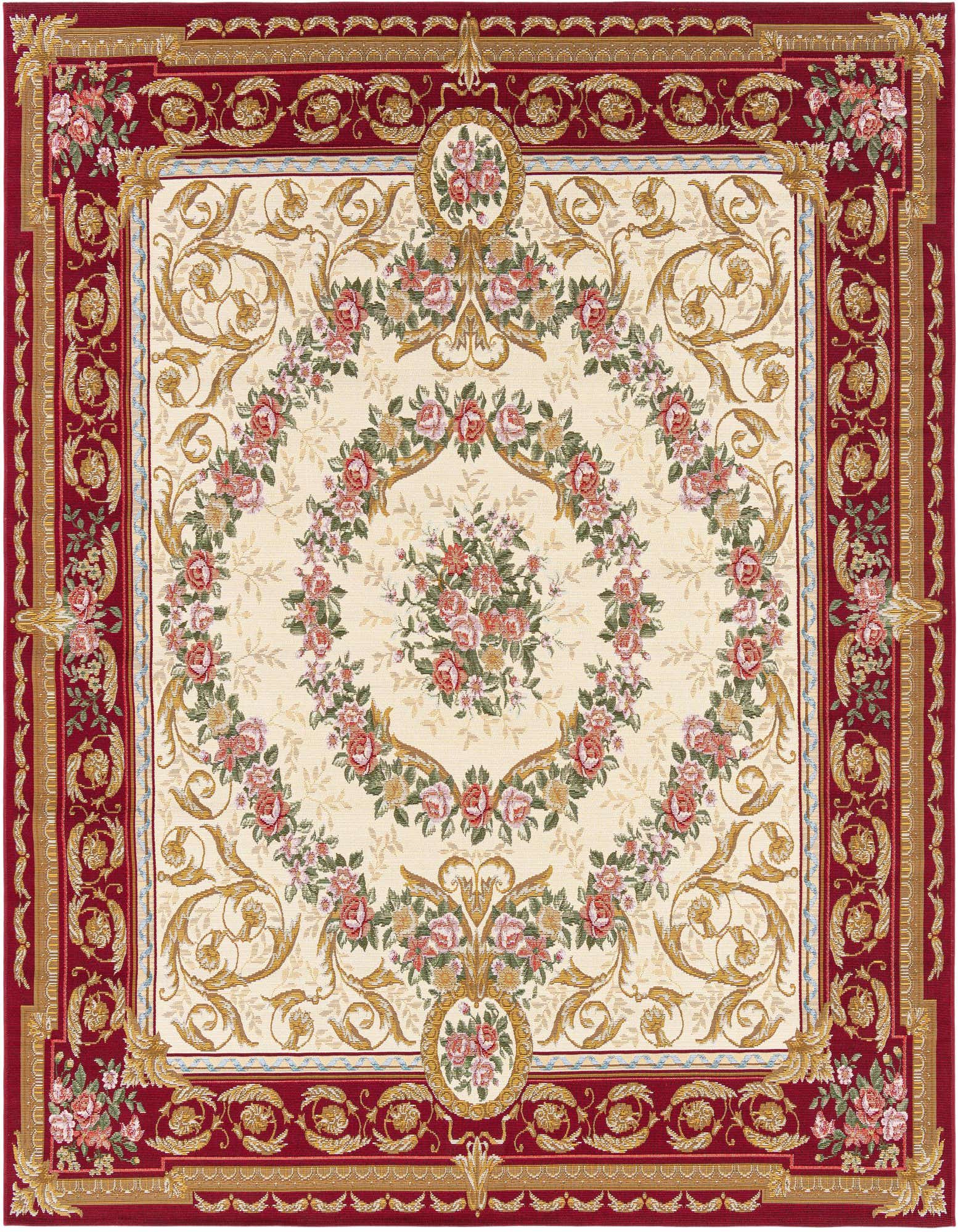 A 7' 10 x 7' 10 square ivory and red Oriental rug with a central floral medallion and ornate border.