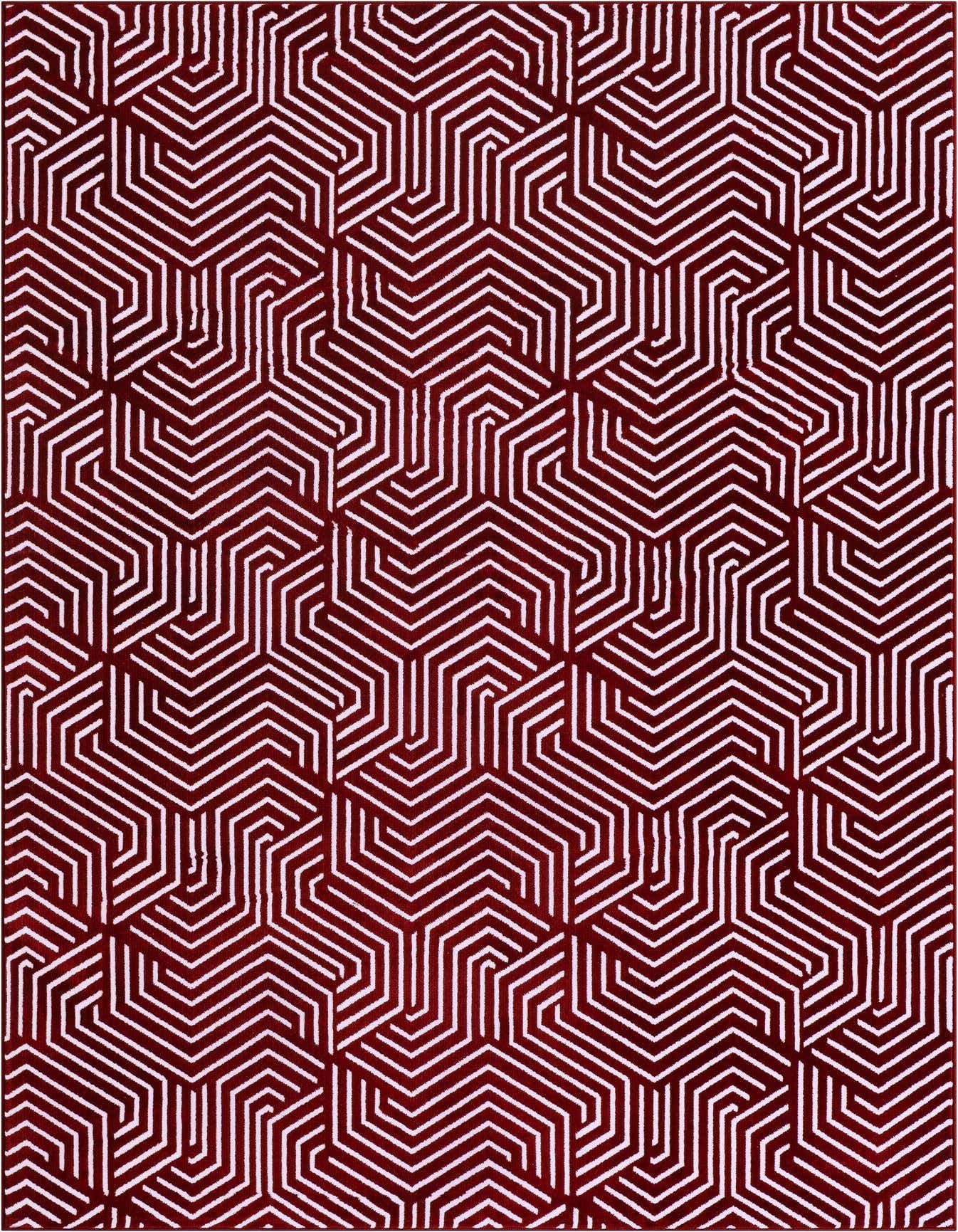 A 5x8 rectangular red area rug with a repeating geometric pattern of white interlocking lines, suitable for a living room.