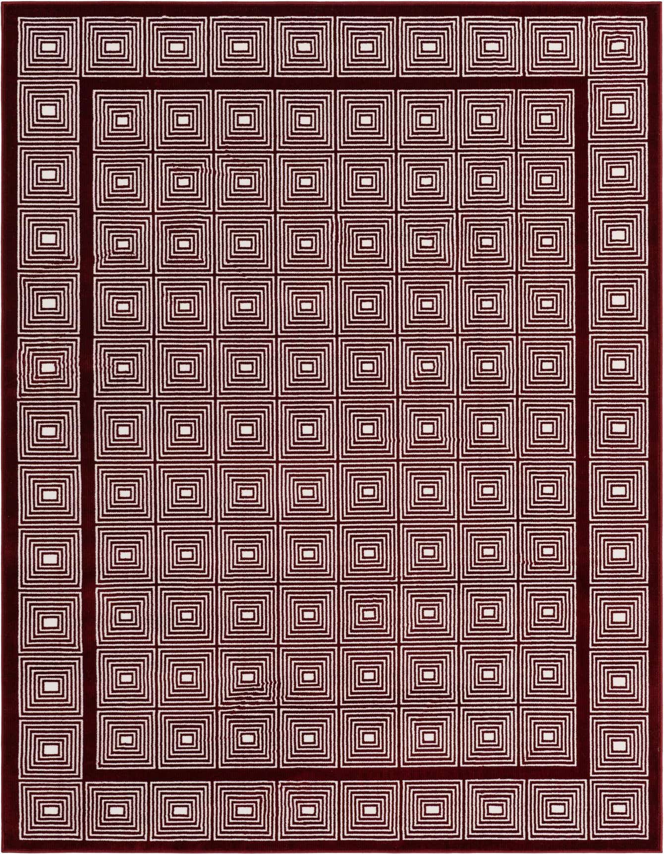 A 5x8 rectangular red area rug featuring a repeating pattern of white concentric squares with a solid red border.