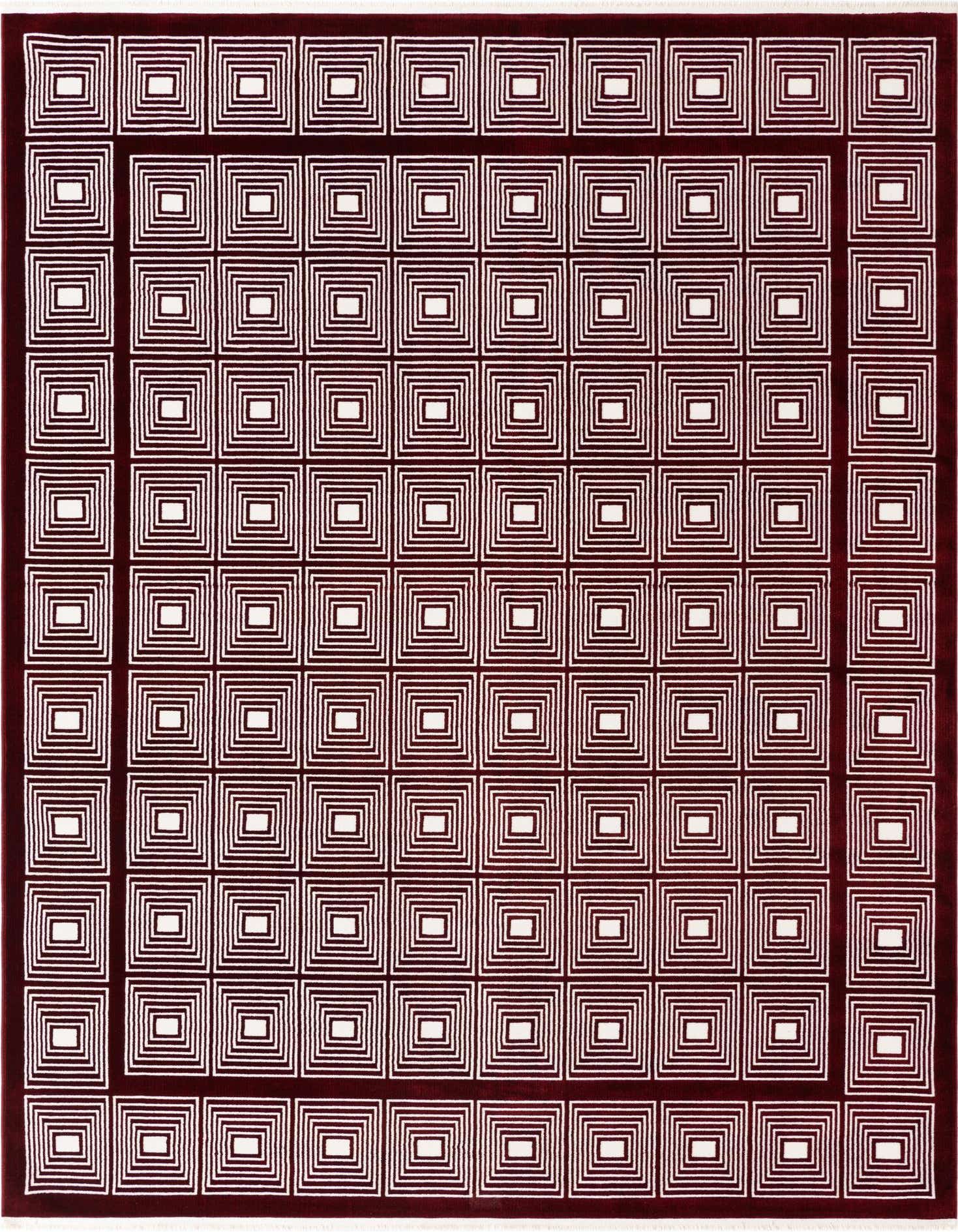 Aakaar 8x10 rectangular rug in deep red with a repeating pattern of white concentric squares, ideal for a living room.