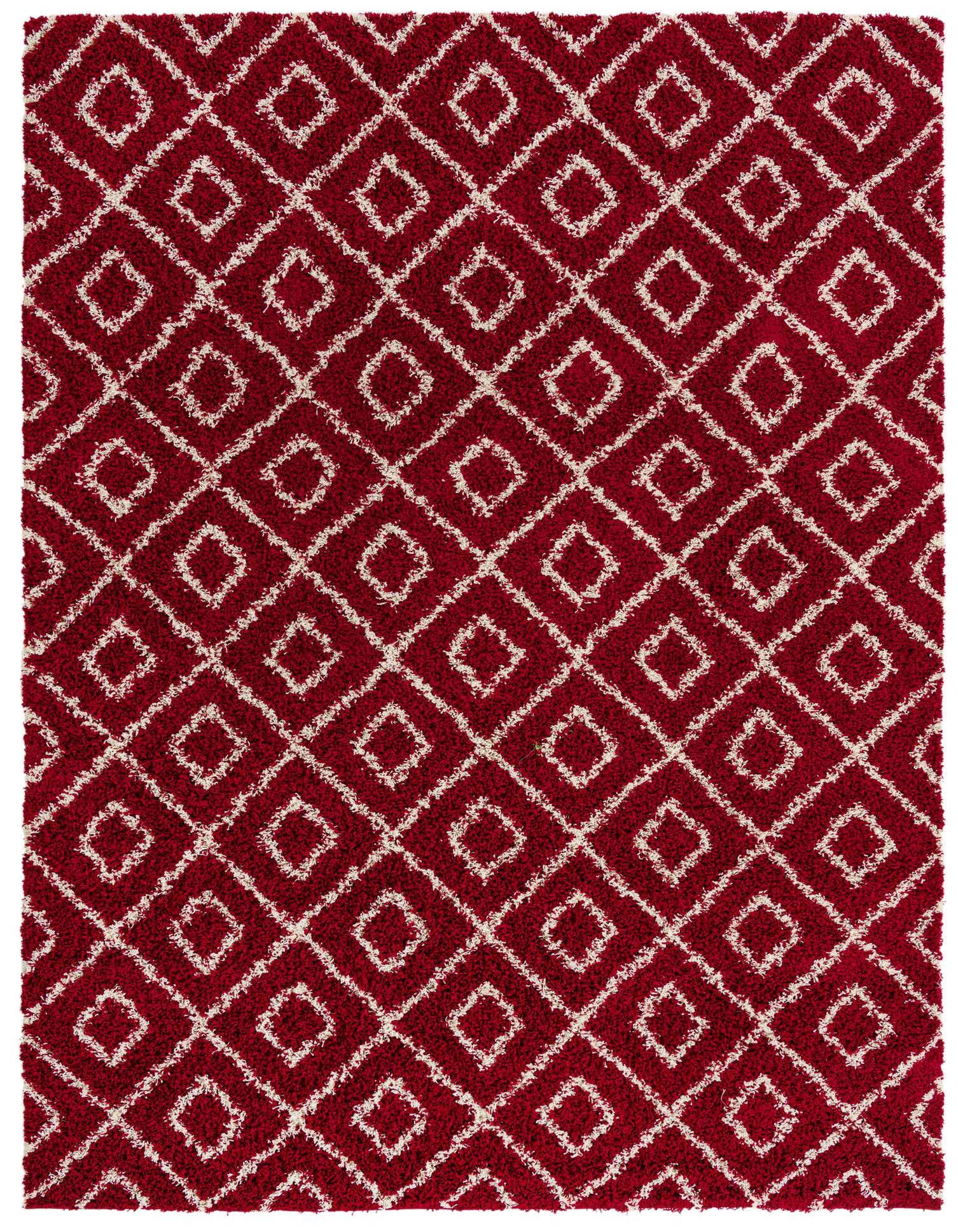 A 9x12 rectangular red shag rug featuring a modern white trellis pattern with a textured high/low pile.