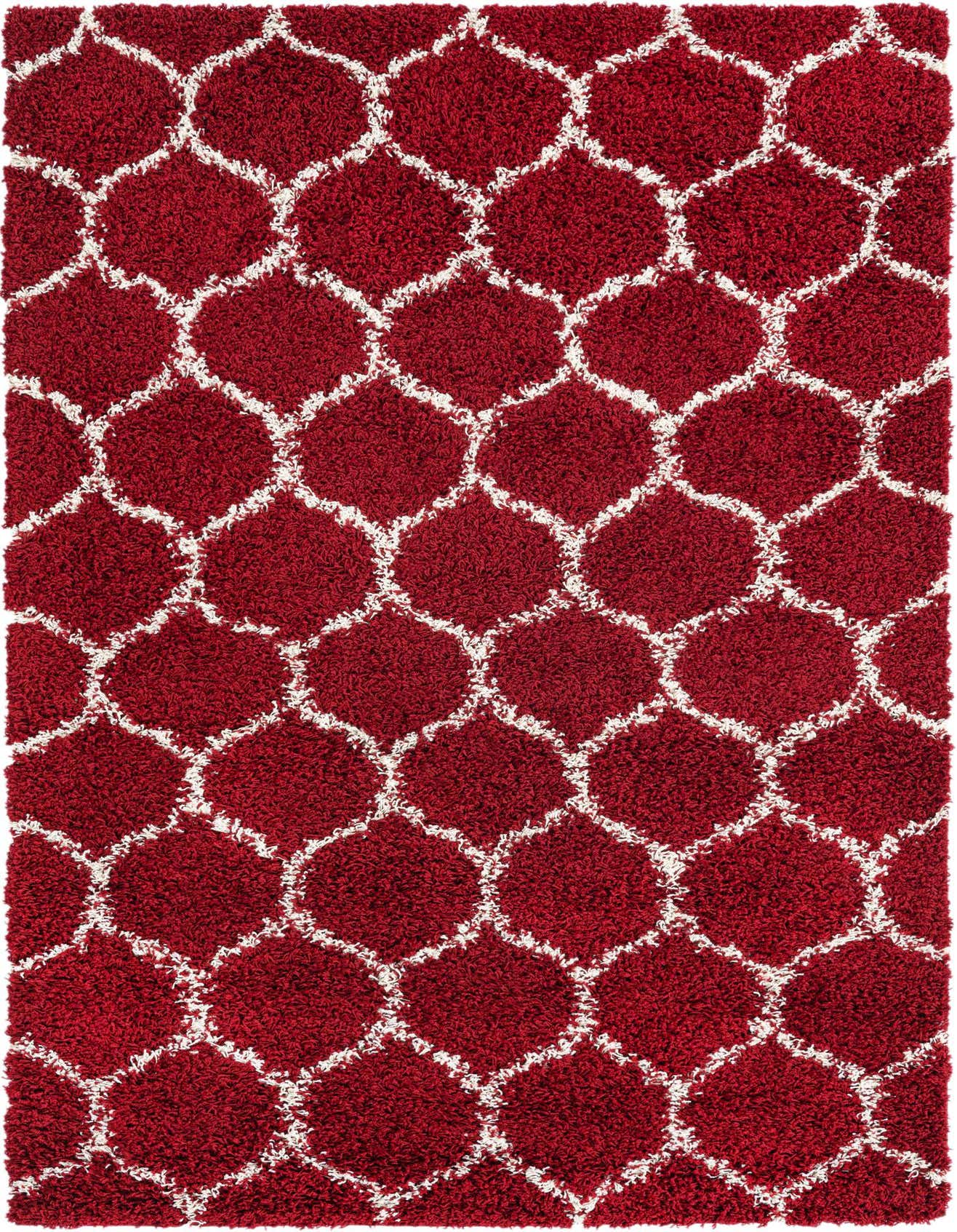 A 5x8 rectangular red shag rug with a modern white lattice pattern, showcasing its textured high/low pile.