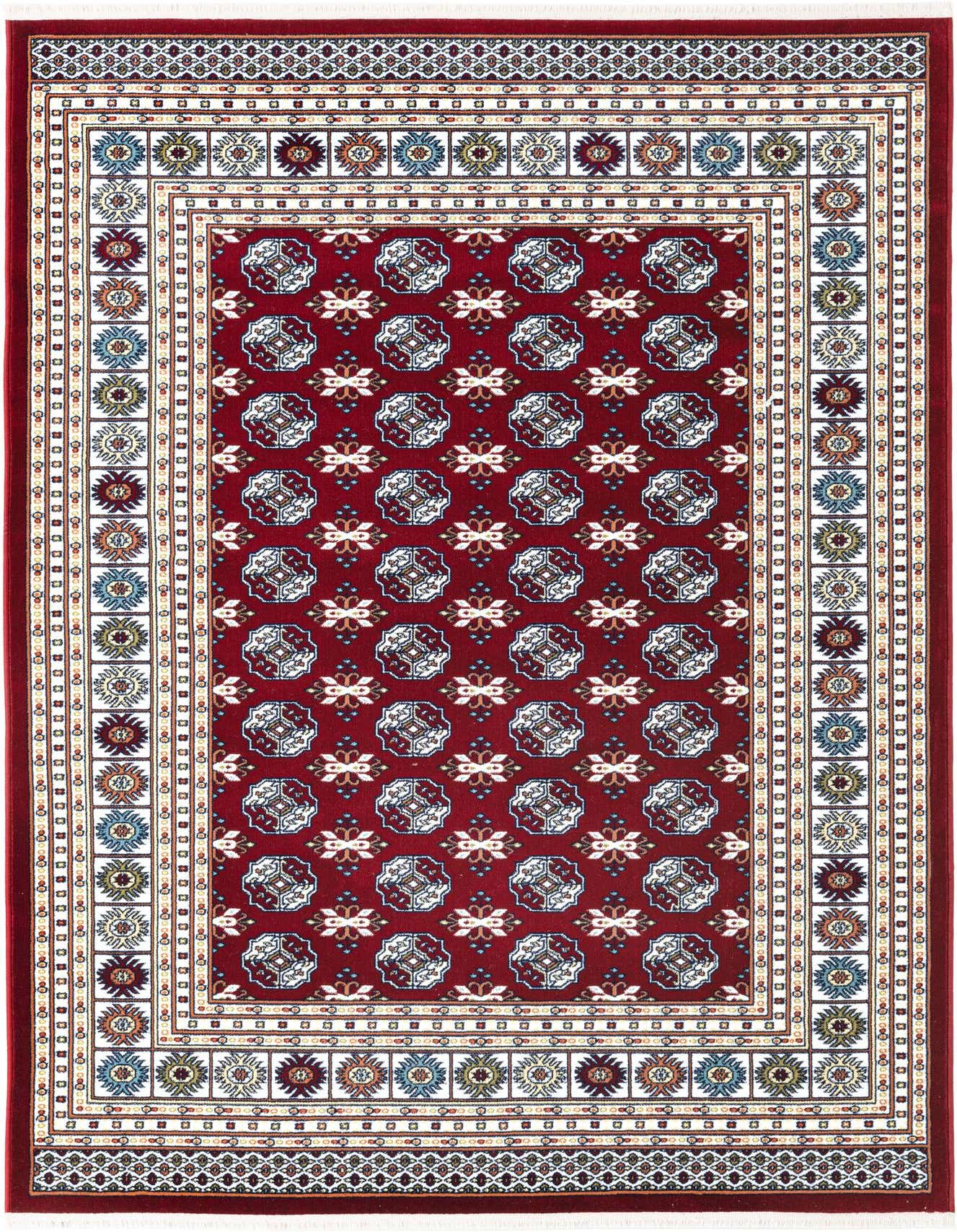 A 5x8 rectangular red area rug with an intricate traditional pattern featuring geometric and floral motifs in white, blue, and brown.