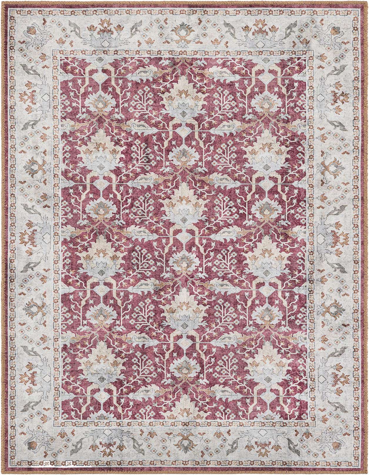 A 3x5 rectangular red traditional rug with an intricate medallion pattern and a light border, showcasing a vintage aesthetic.
