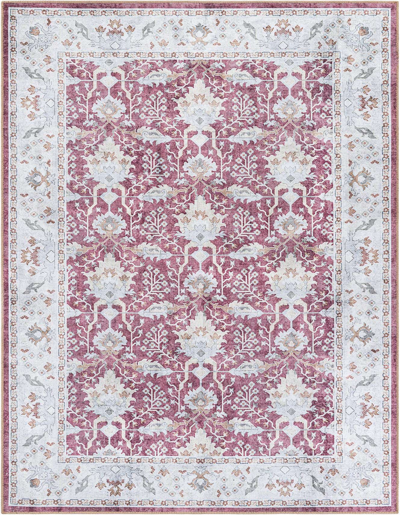 A 6x9 rectangular red rug with a faded traditional and vintage pattern, featuring a light border with floral motifs.