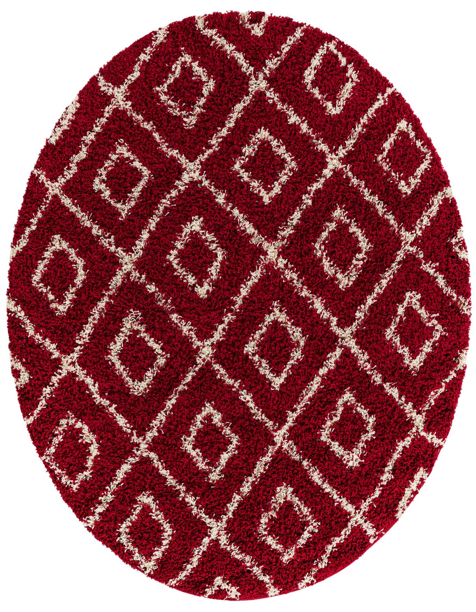 A round red shag rug with a modern abstract lattice pattern in off-white, showcasing its high/low textured pile.