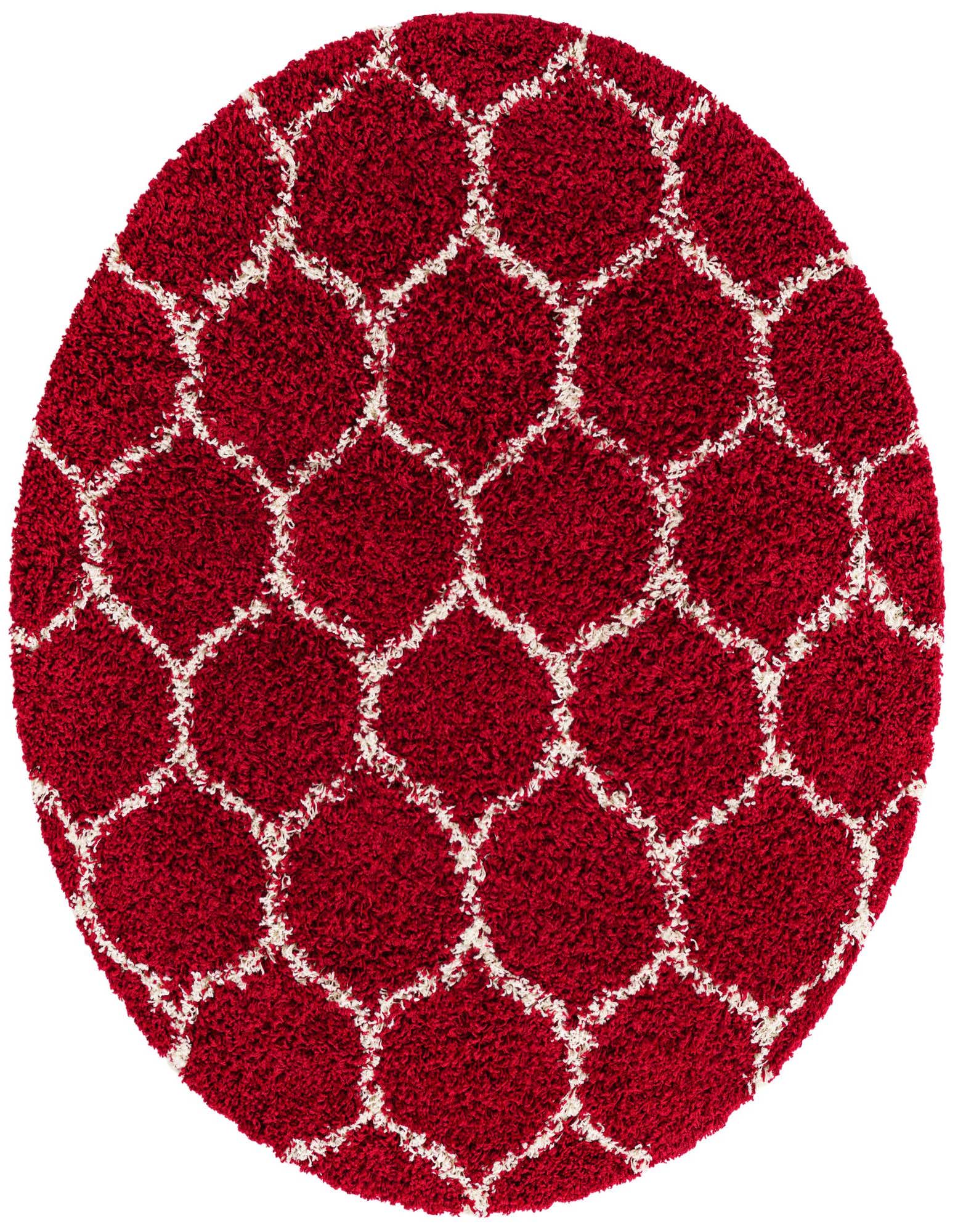 A round, high-pile red shag rug with a white modern trellis pattern, offering a textured feel.