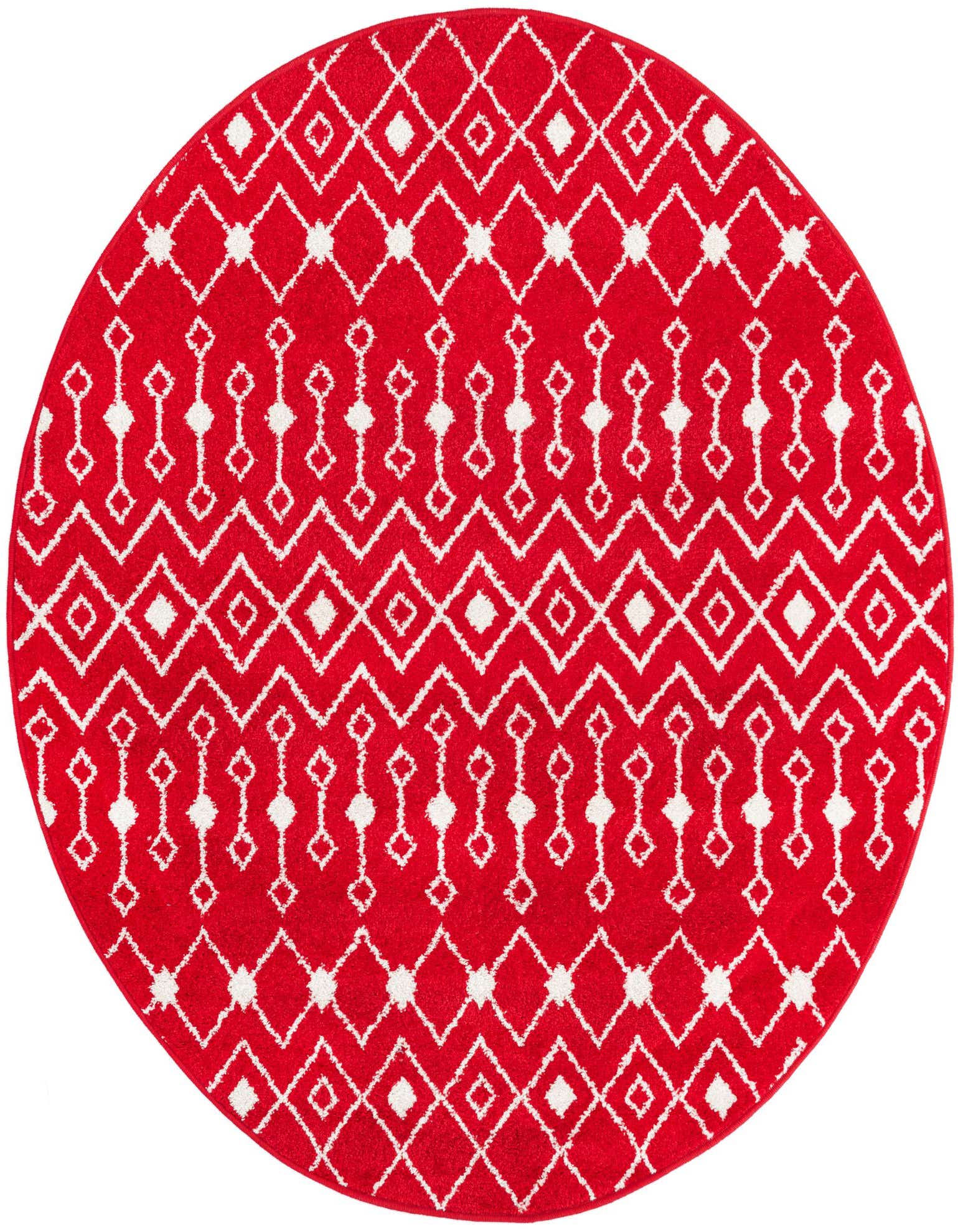 A 6' round red polypropylene rug with a white bohemian trellis pattern, featuring diamonds and zigzags.