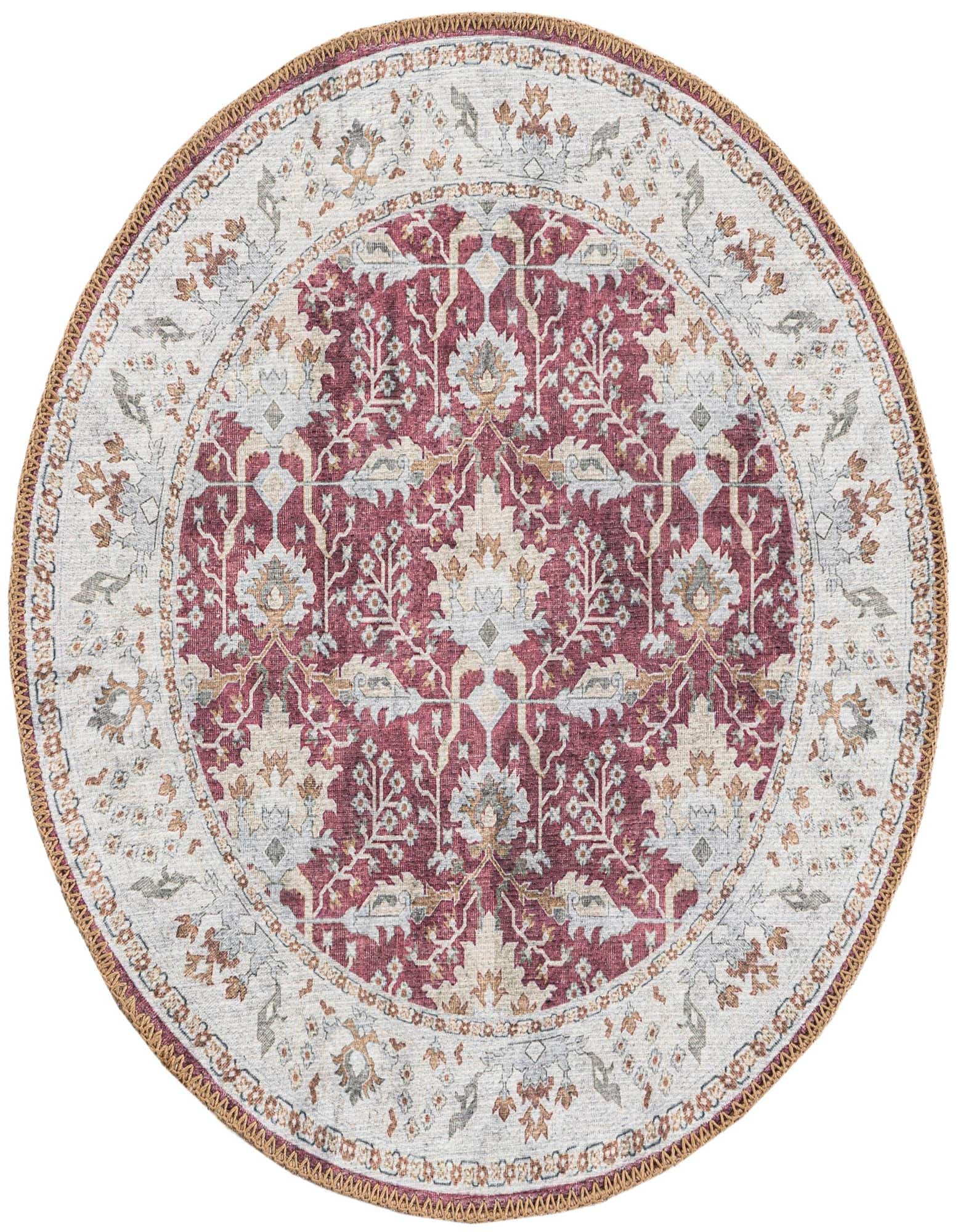 A 2' round red traditional medallion rug with a light gray border and braided edge, suitable for an indoor space.