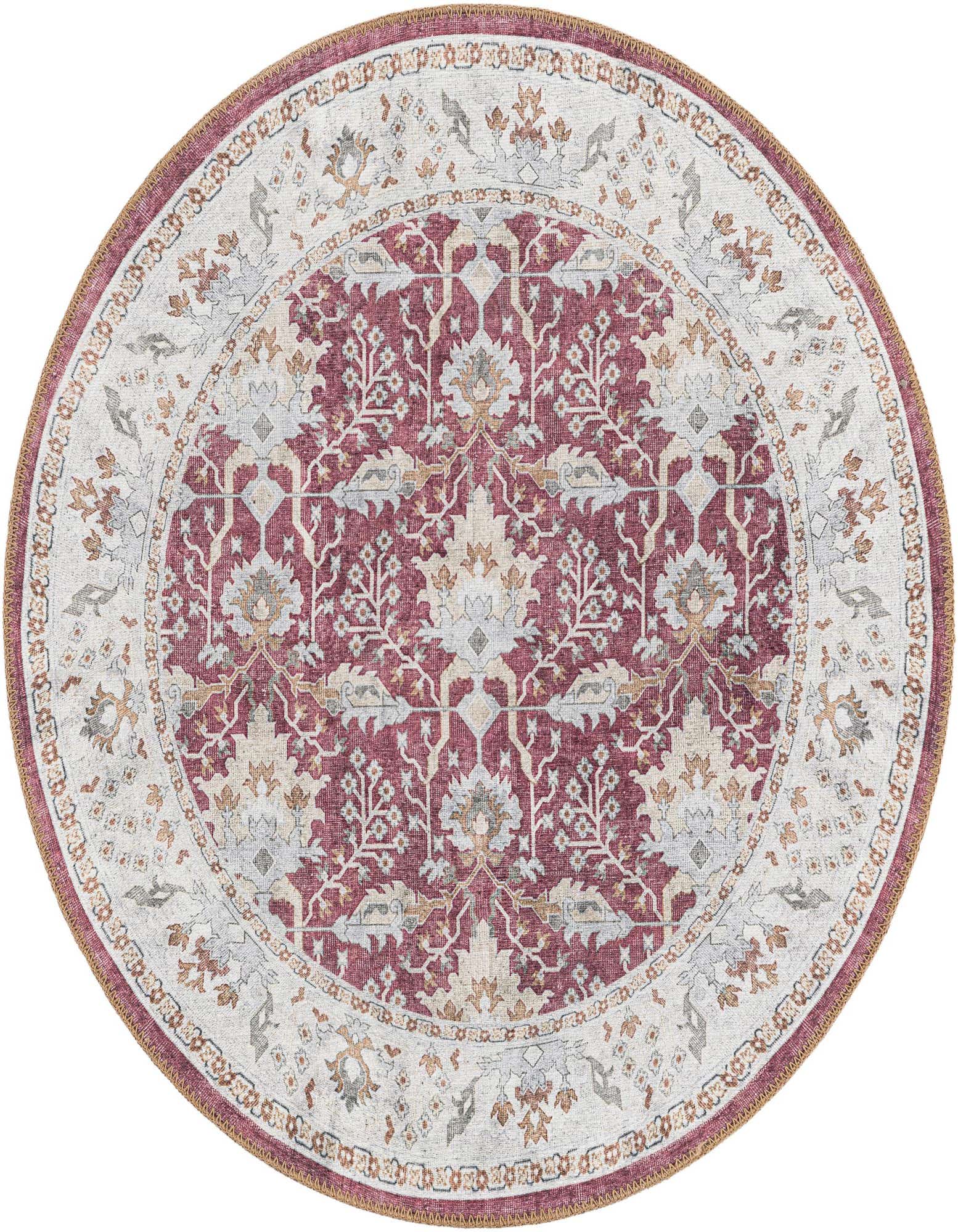A 3'6" round red traditional rug with a central medallion and ornate floral patterns, framed by a light border.