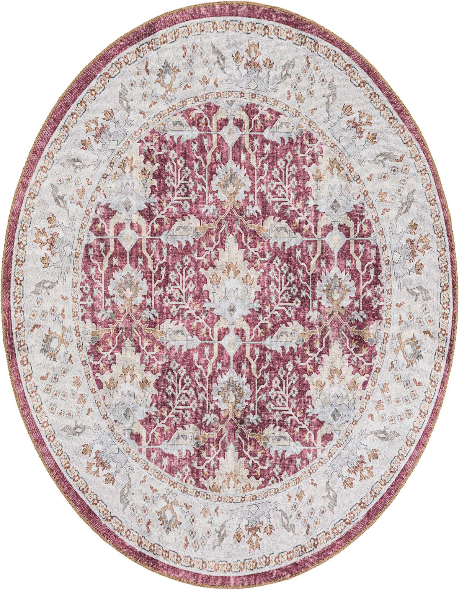 A 5' 1 round red and off-white traditional medallion rug with vintage patterns, suitable for indoor spaces.