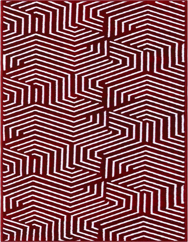 A 6 ft runner rug with a modern geometric pattern in deep red and white, ideal for a hallway.