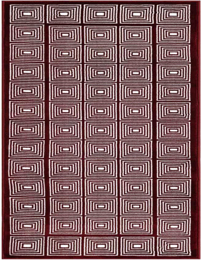 A 6 ft runner rug in deep red with a repeating pattern of white concentric squares, ideal for a hallway.