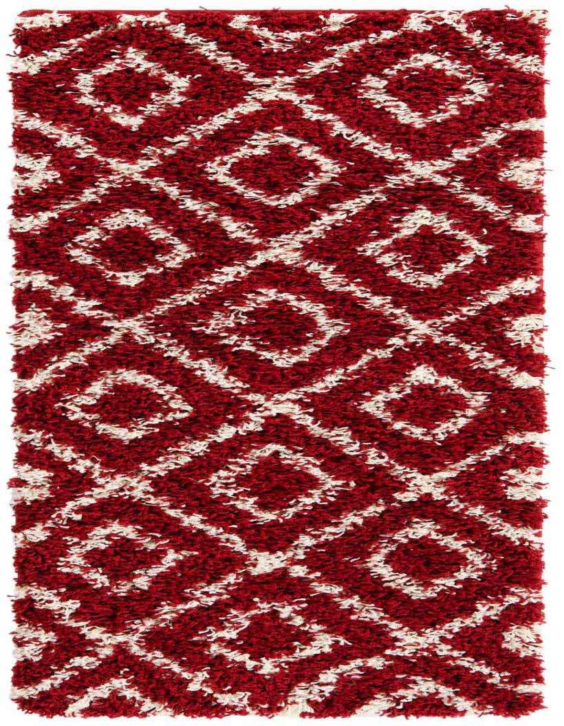 A 5 ft runner rug in a vibrant red with a cream modern trellis pattern and a textured high/low pile.