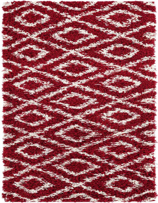 A 7 ft runner rug in a modern red and white geometric lattice pattern with a textured, high-low pile.