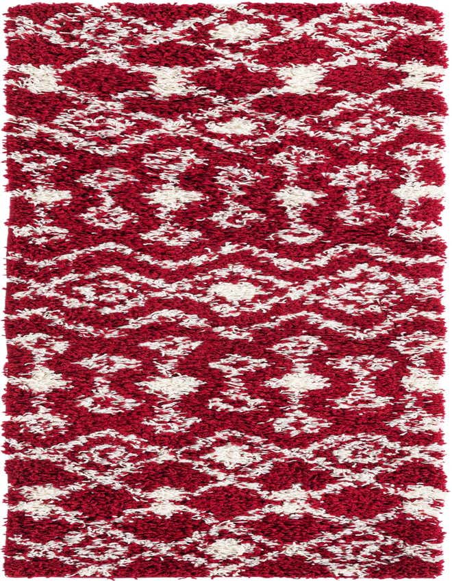 A 6 ft runner rug with a plush red shag pile and an abstract white tribal pattern, ideal for a hallway.