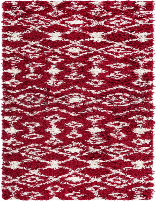 A 7 ft red and white Moroccan Trellis Shag runner rug with a tribal pattern, perfect for a hallway.