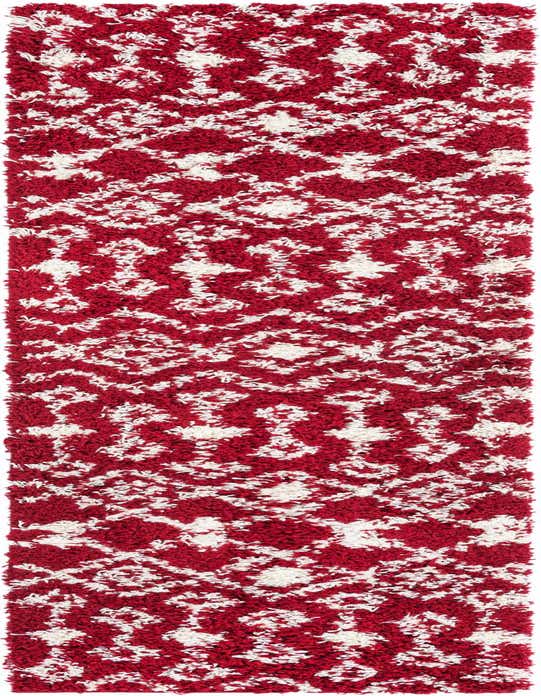 A vibrant 8 ft red and white Moroccan Trellis Shag runner rug with a tribal pattern, ideal for a hallway.