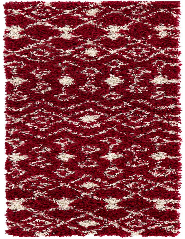 A 6 ft runner rug featuring a plush red shag pile with an off-white modern Moroccan trellis pattern.