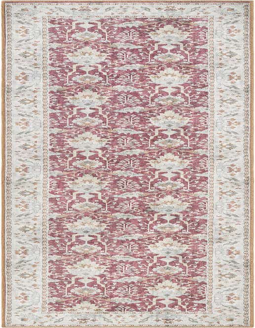 A 10 ft runner rug in a traditional vintage medallion pattern with a distressed red center and an off-white border, ideal for a hallway.