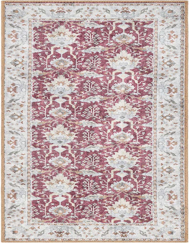 A 5 ft runner rug featuring a traditional medallion pattern in deep red, cream, and grey, with a subtle vintage distressed look, ideal for a hallway.
