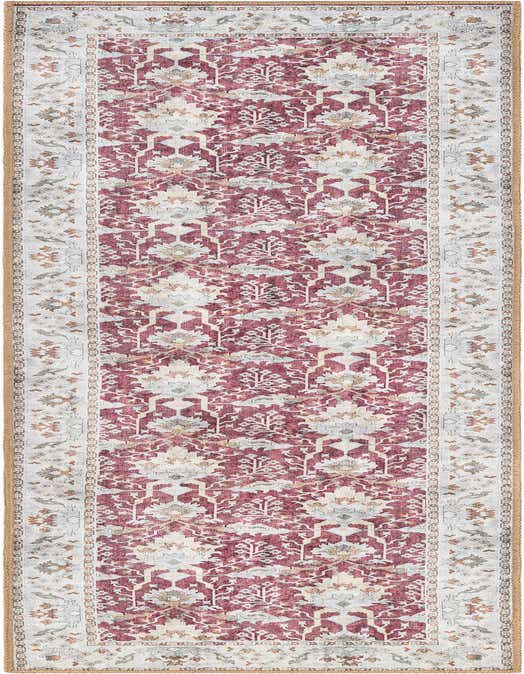 A red and ivory 8 ft runner rug with a distressed traditional medallion pattern, ideal for a hallway.