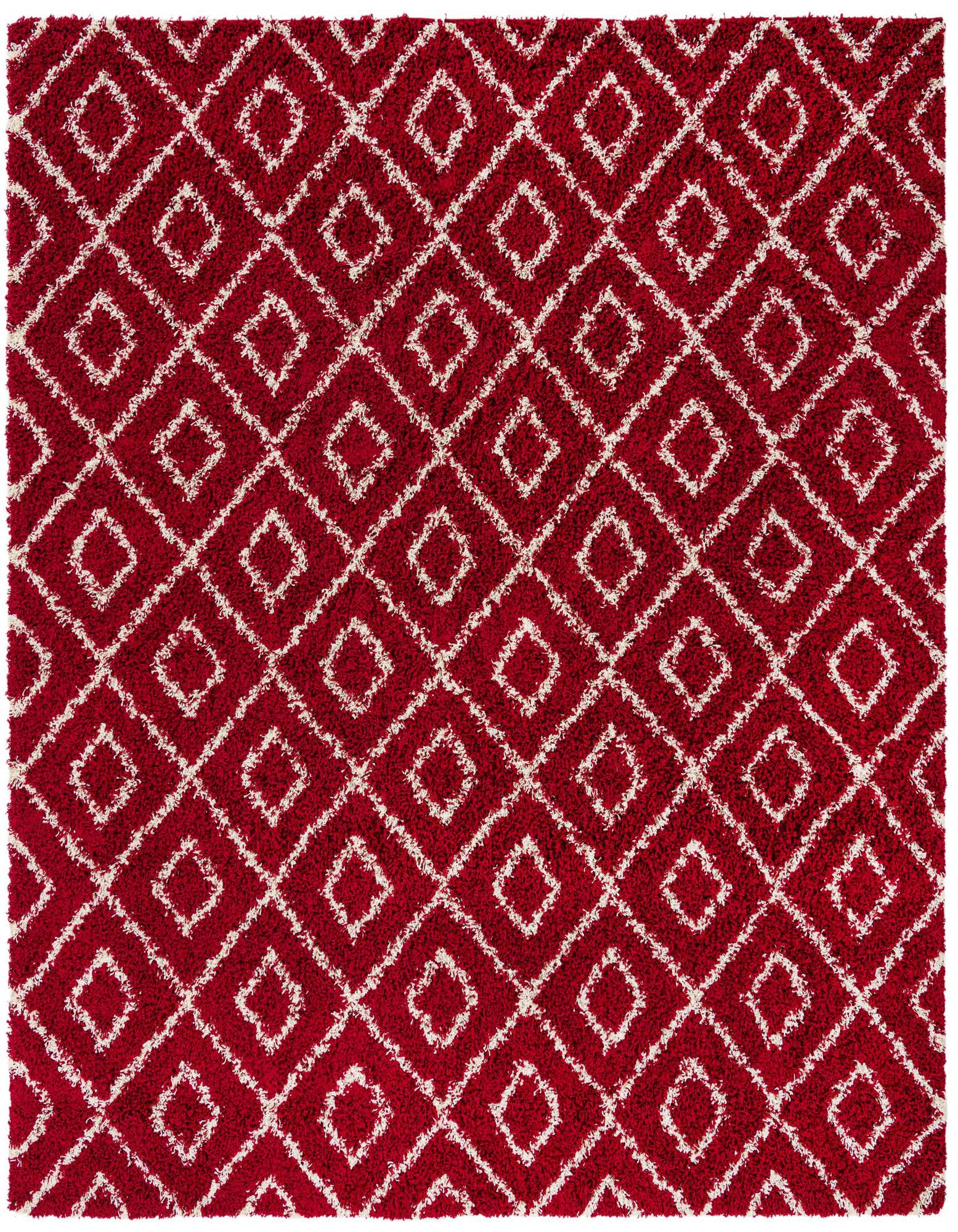 A 10'x10' square red shag rug with a modern white trellis pattern, featuring a high/low textured pile.