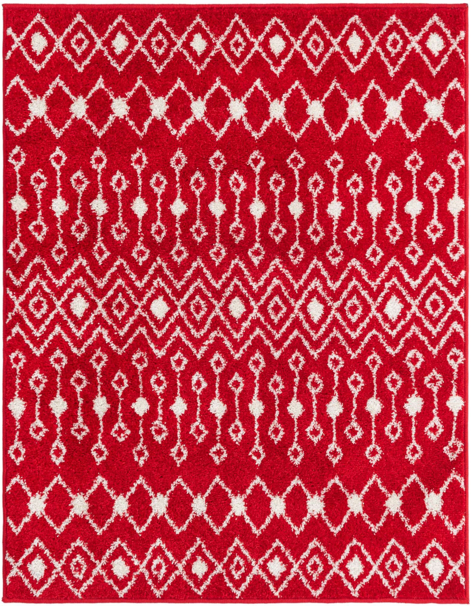 A 4x4 square red Moroccan Trellis rug with a white geometric diamond and tribal pattern, shown from above.