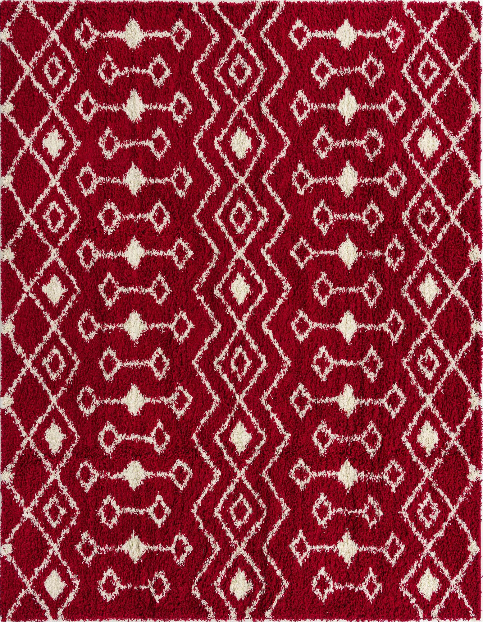 A 10'x10' square red shag area rug with a modern tribal pattern of cream-colored diamonds and zigzags.