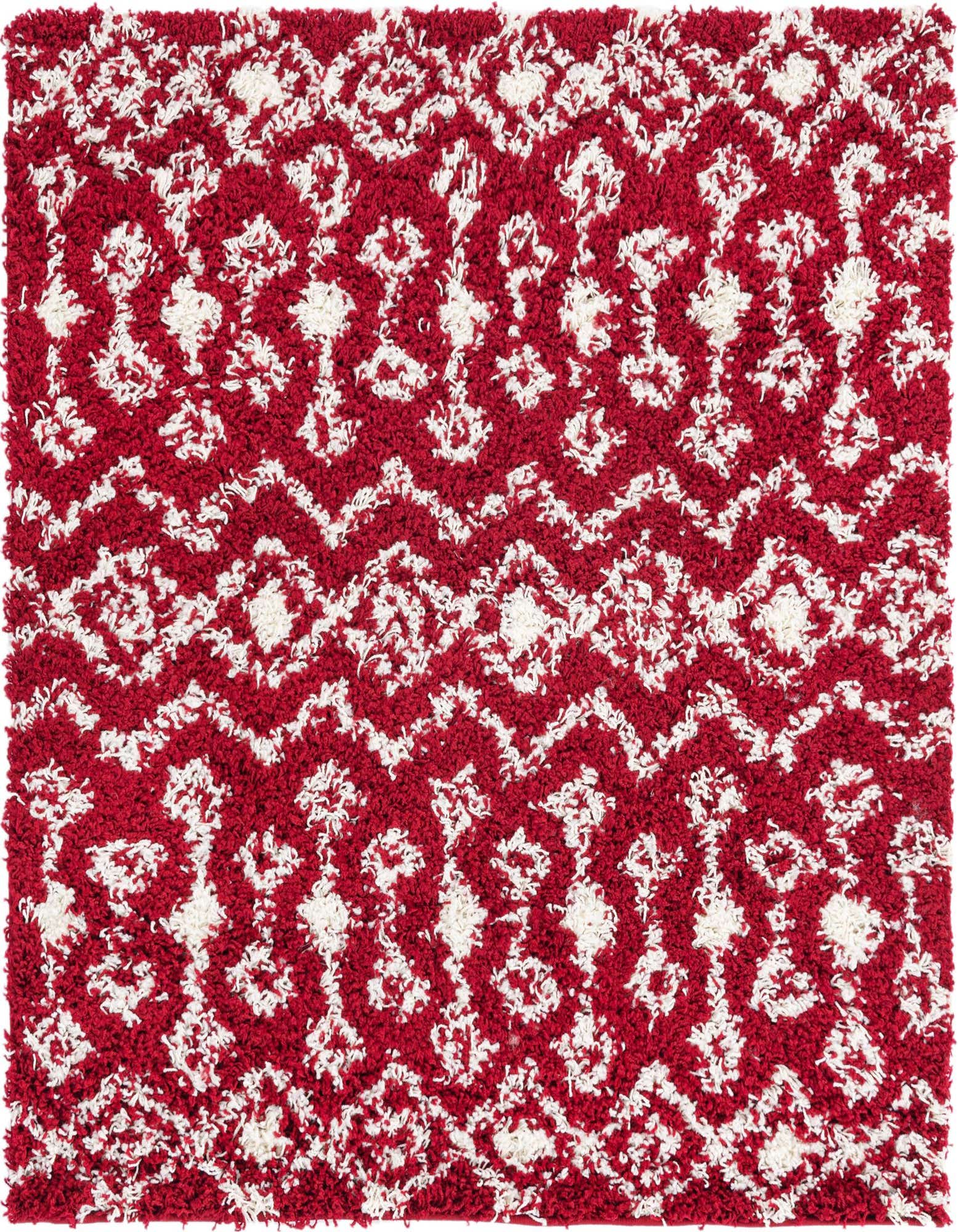 A 4'x4' square red and white shag rug featuring a tribal Moroccan trellis pattern with a textured pile.