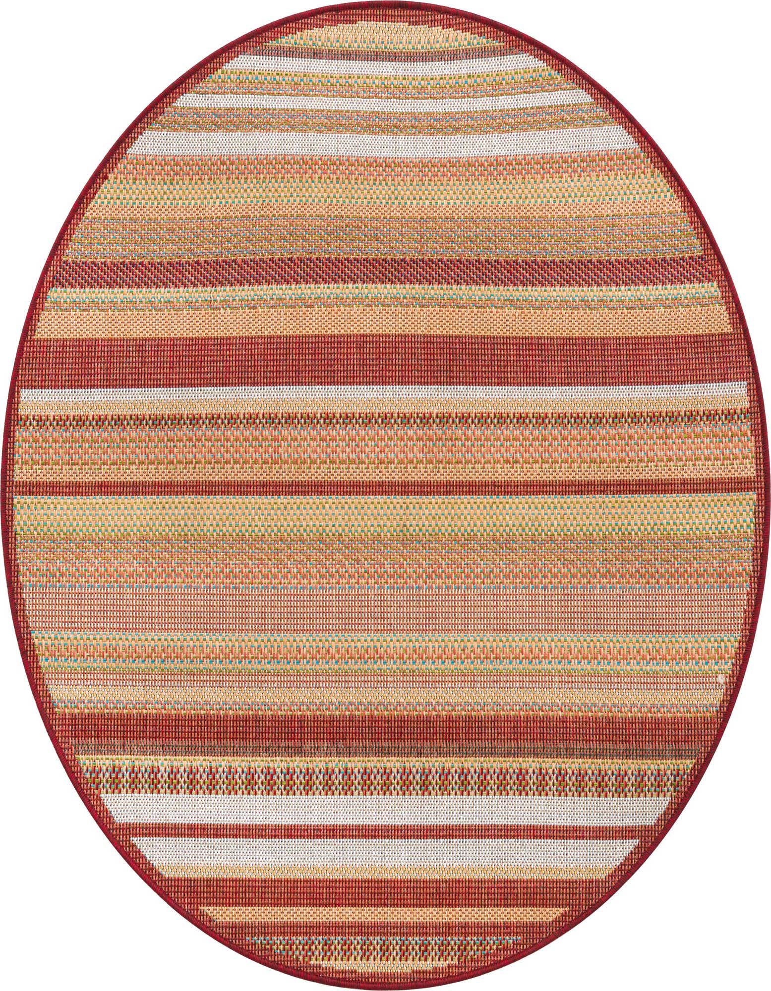 A 5' 3 round Baja Outdoor rug from Rugs.com, featuring modern red, orange, and beige stripes, ideal for a patio.