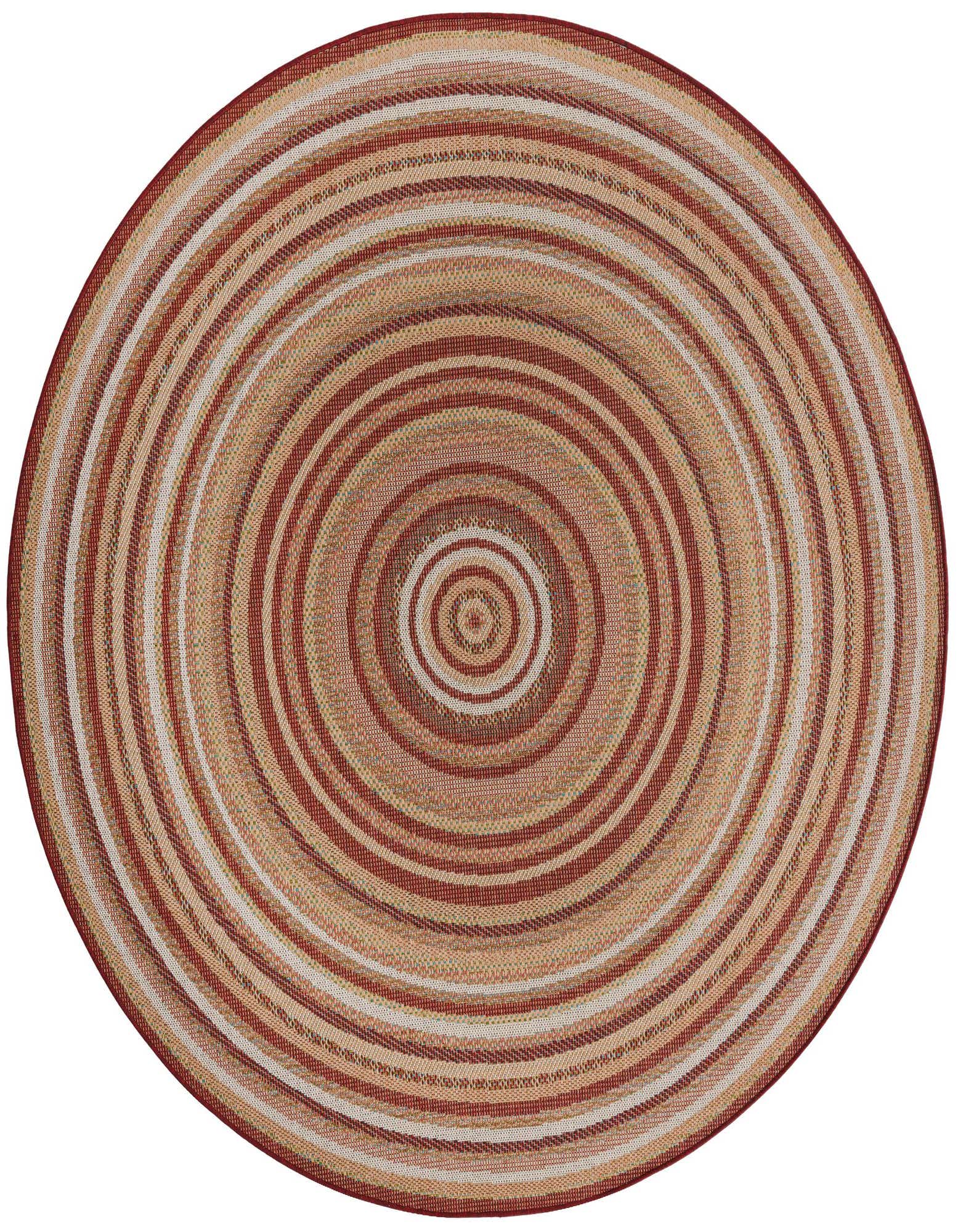 A 7' 10 x 7' 10 round Baja Outdoor rug featuring concentric red, beige, and white stripes, ideal for a patio.