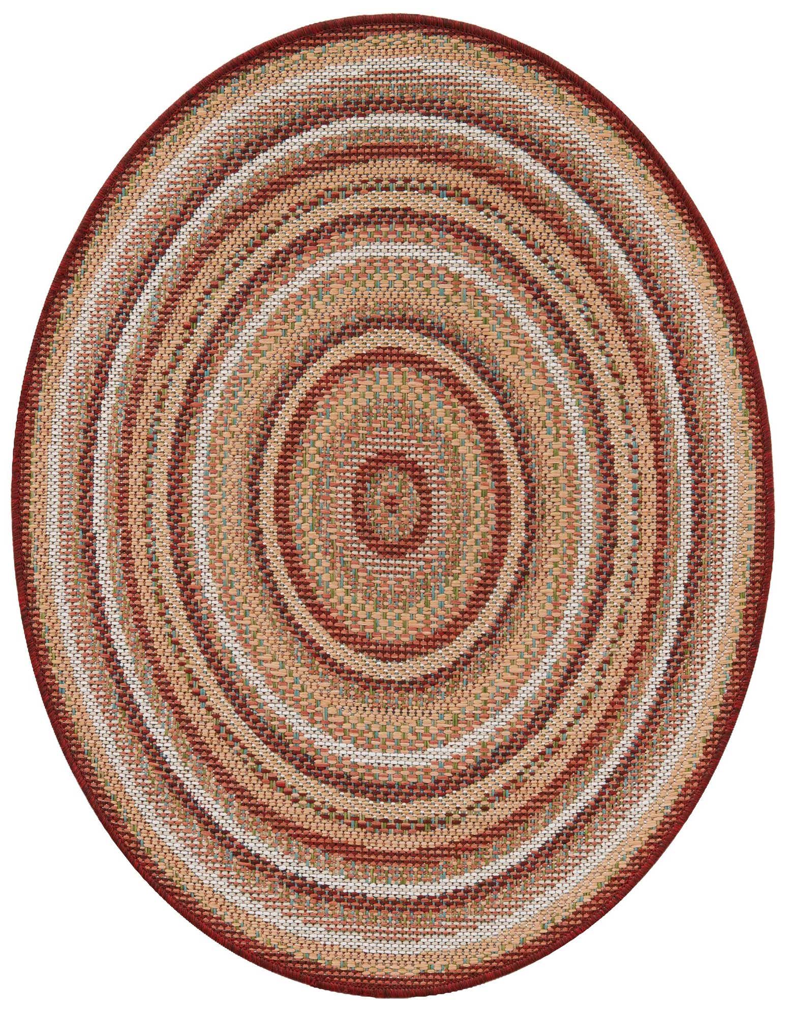 A 3' 3 x 3' 3 round Baja Outdoor rug by Rugs.com, featuring concentric red, beige, and white braided stripes, suitable for indoor or outdoor use.
