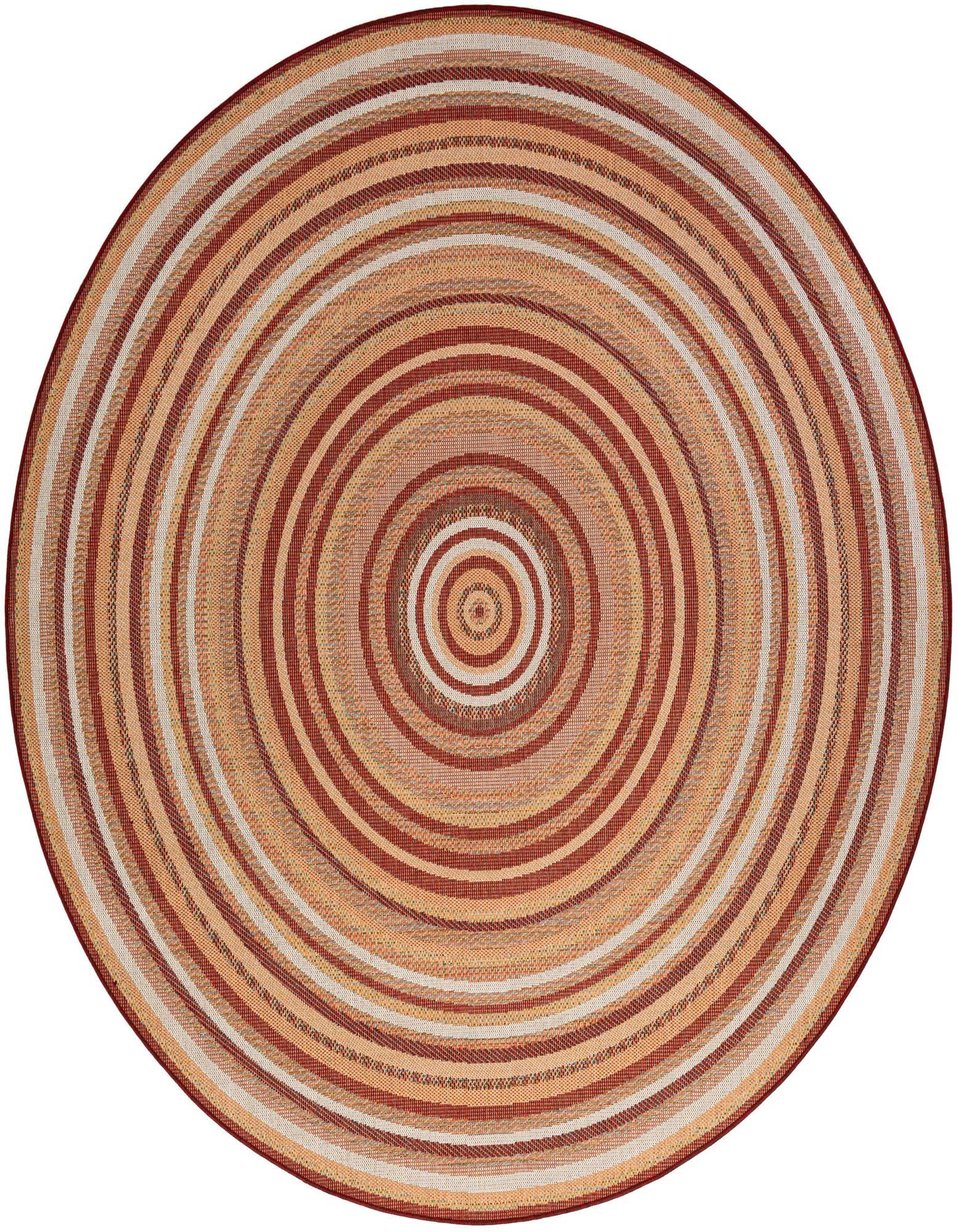 A 10' round Baja Outdoor rug by Rugs.com featuring concentric red, orange, and beige stripes, ideal for a patio.