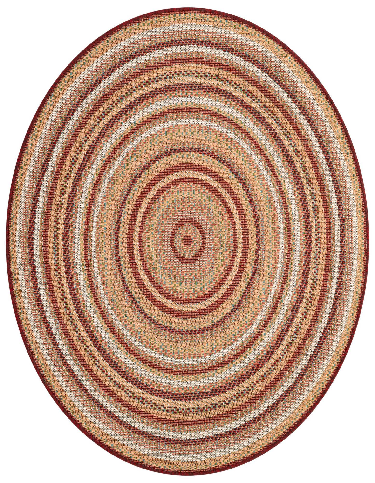 A 4' round Baja Outdoor rug by Rugs.com, featuring concentric red, orange, and cream braided stripes, suitable for a patio.