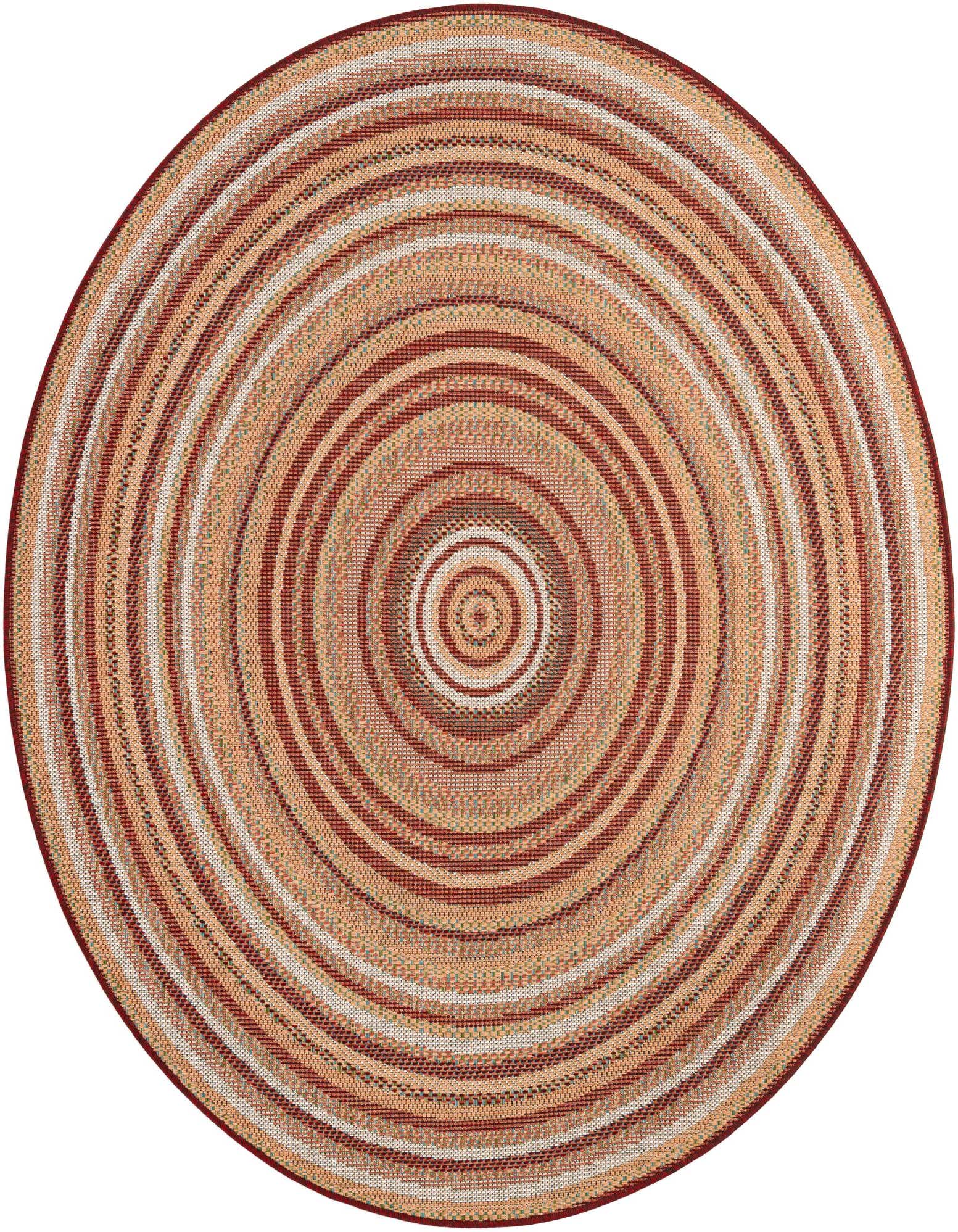 A 6' round Baja Outdoor rug by Rugs.com, featuring concentric red, orange, and cream stripes, ideal for indoor/outdoor use.