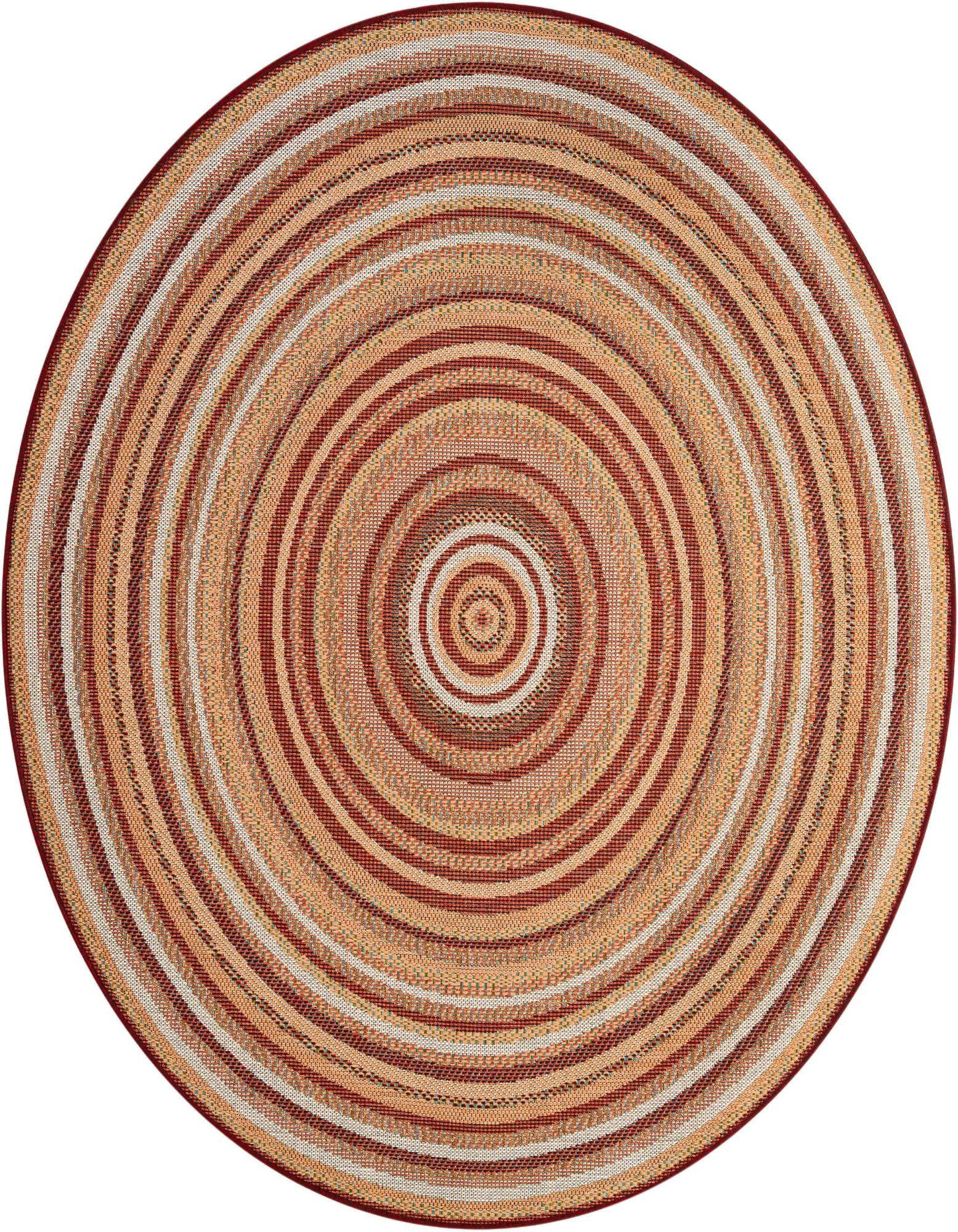 A 7' round Baja Outdoor rug by Rugs.com with concentric red, orange, and cream stripes, suitable for indoor or outdoor use.