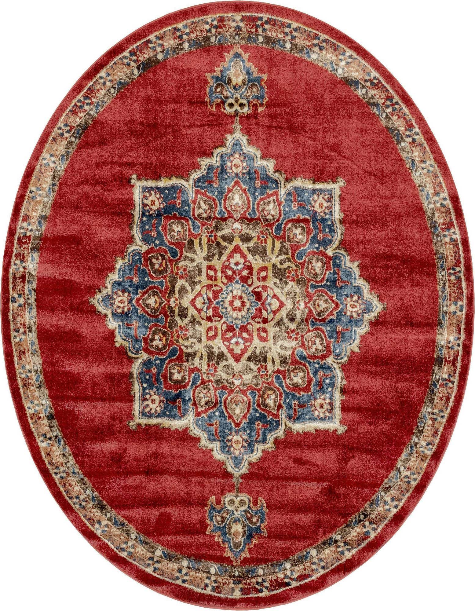 A 7' round red rug with a central blue, gold, and red medallion, bordered by a traditional pattern.