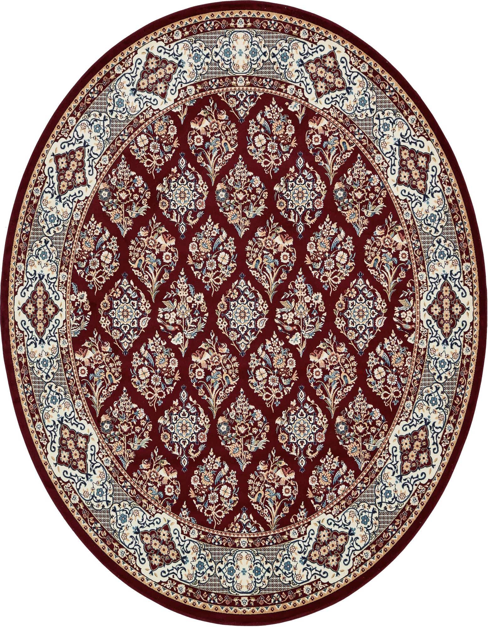 A 10-foot round red traditional rug with an intricate botanical and trellis pattern in cream, blue, and gold.