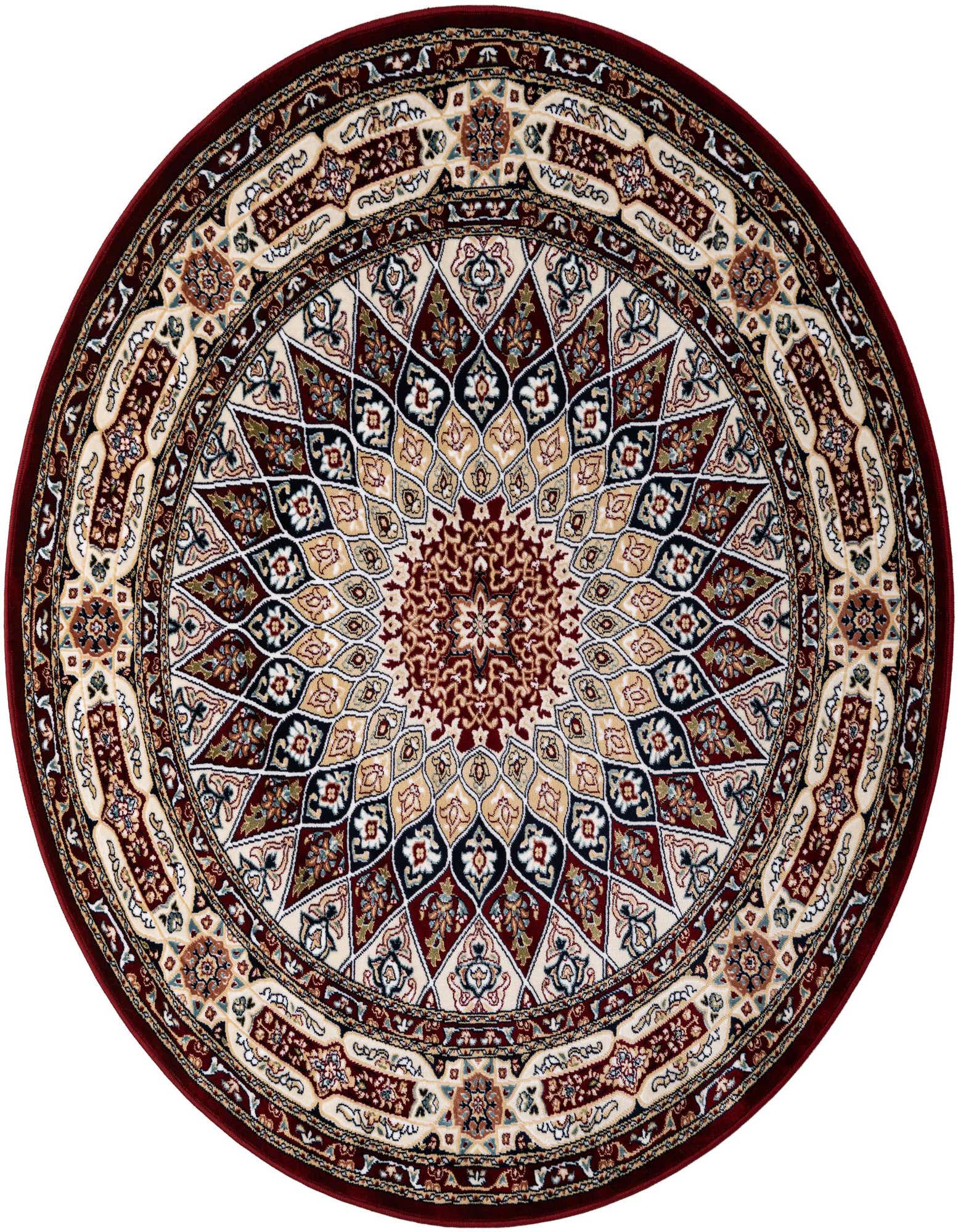 A 5' 3 round red traditional rug with a detailed botanical medallion pattern in cream, gold, and blue accents.