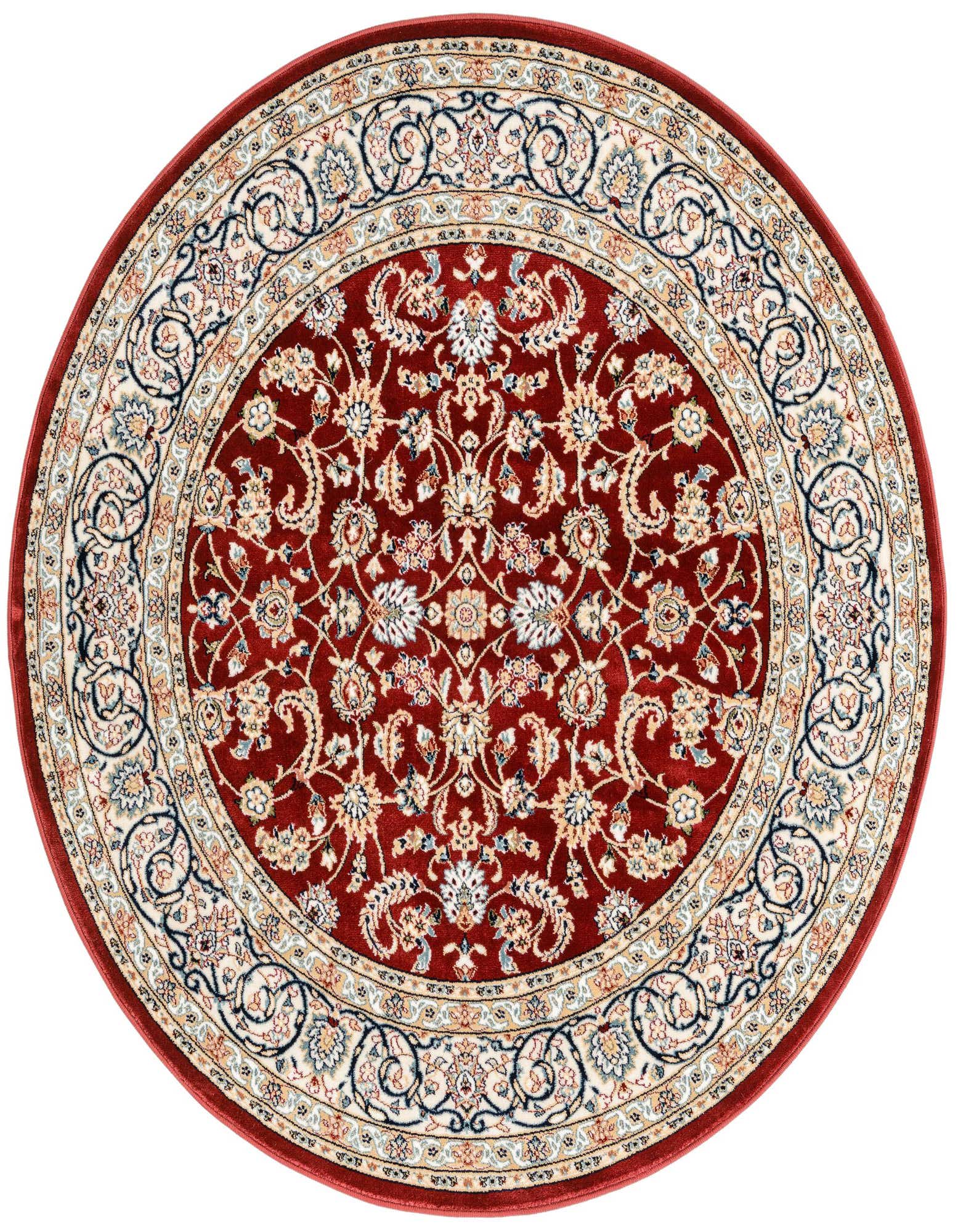 A 5' 3 round red traditional rug with intricate cream, blue, and gold floral and medallion patterns.