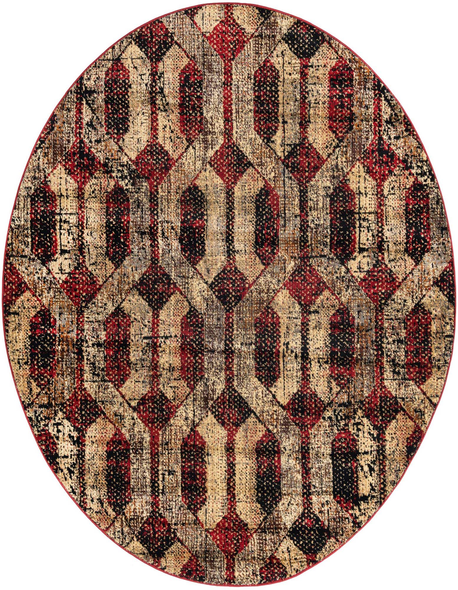 A round 7' 0 x 7' 0 area rug with a modern vintage trellis pattern in distressed reds, black, and beige.