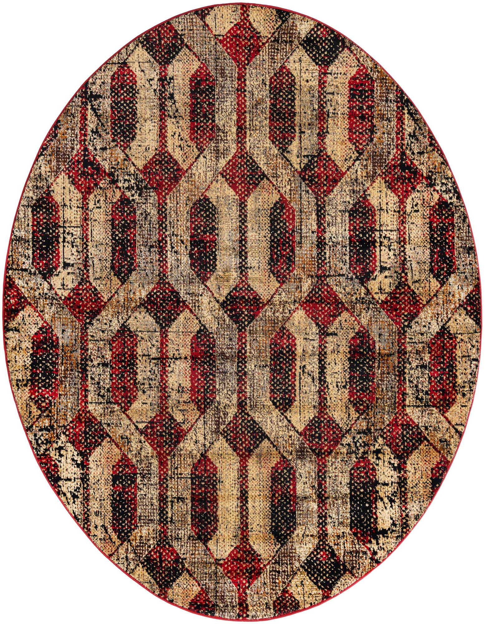 A round 7' 10 x 7' 10 Saturn Collection rug featuring a distressed modern trellis pattern in shades of red, black, and beige.
