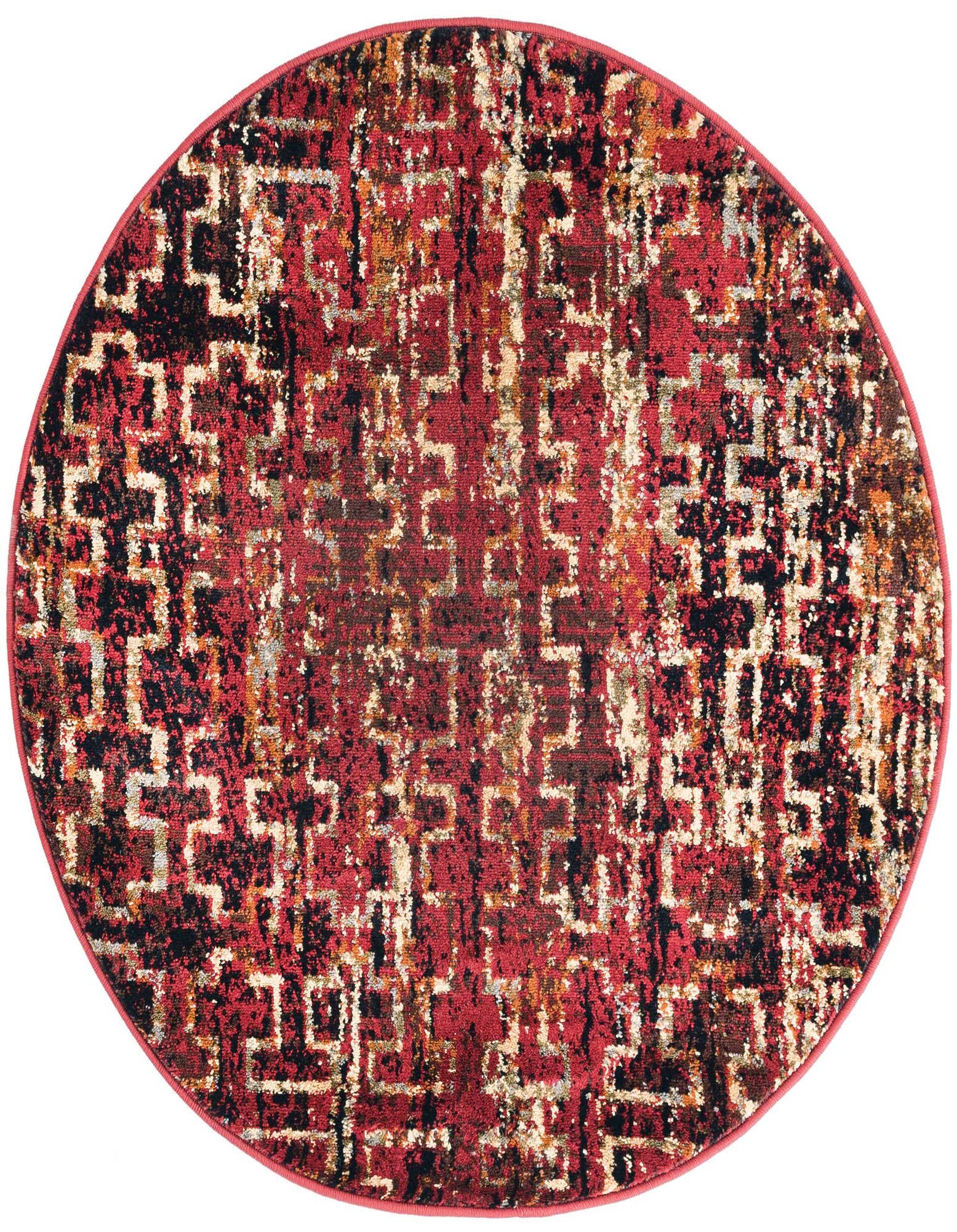 A 3' round Rugs.com Saturn rug featuring an abstract modern pattern in shades of red, black, and cream.